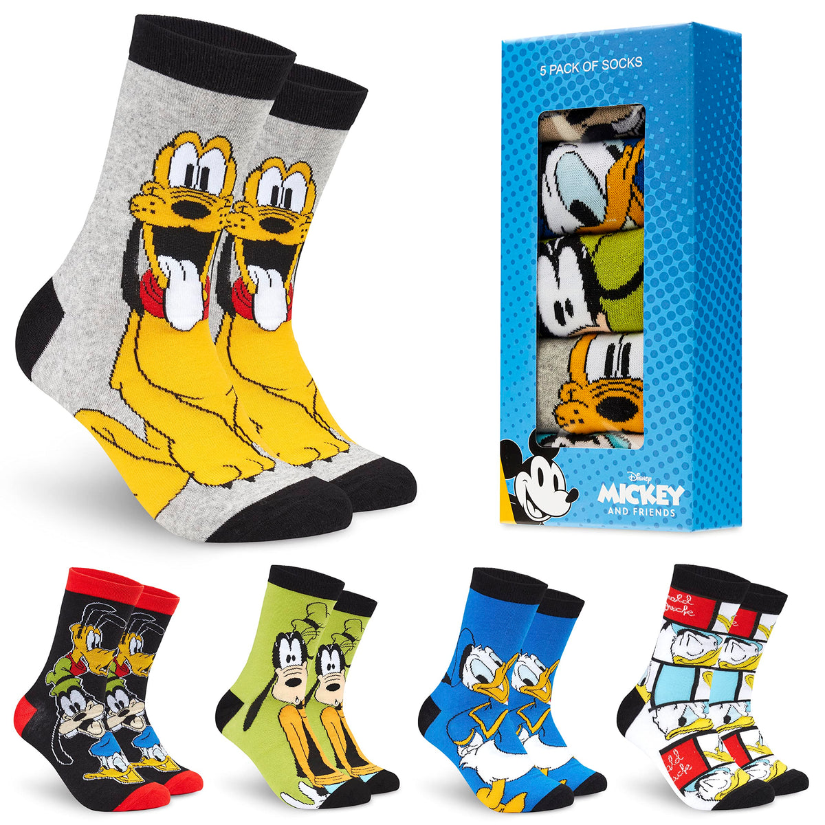 Disney Donald Duck Mens Crew Socks 5 Pack Ankle Socks, Soft Breathable, Comfy Casual, Sports, Work Socks - Pluto, Goofy Novelty Funny Gifts for Men (Multi Goofy)