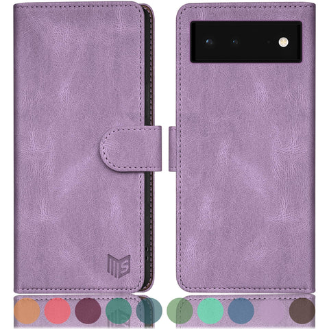 SUANPOT for Google Pixel 6A case with [Credit Card Holder][RFID Blocking],PU Leather Flip Book Protective Cover Women Men for Pixel 6A Phone case Lilac Purple