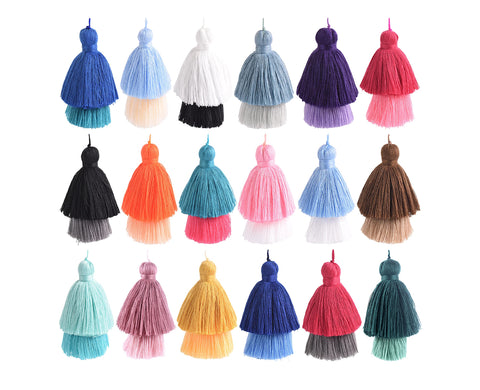 KONMAY 20pcs 3.2'' Mixed Boho Tiered Tassels, 2 Layers Pom Pom LayeredTassels with Loop for Jewelry Making,Bag Decoration, Keychains, Pillows and Crafts