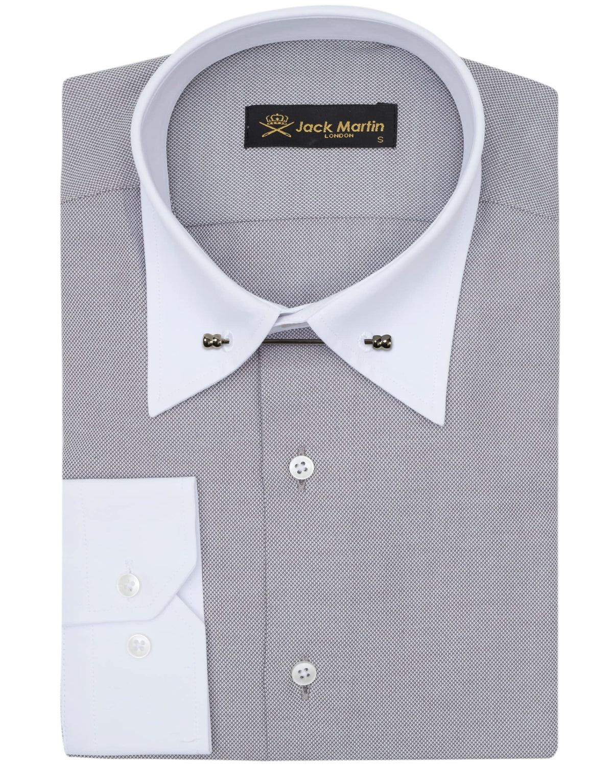Jack Martin London Grey Pin Collar Formal Shirts for Adult Men | Mens Long Sleeve Dress Shirt with Collar Bar (Grey Oxford,M)