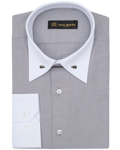 Jack Martin London Grey Pin Collar Formal Shirts for Adult Men | Mens Long Sleeve Dress Shirt with Collar Bar (Grey Oxford,M)
