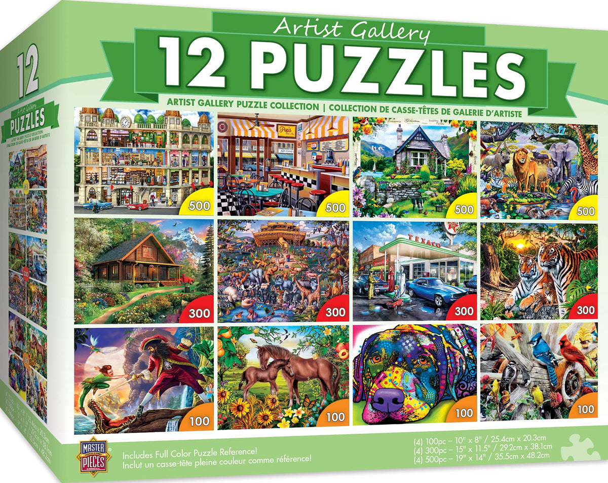 MasterPieces 12 Pack Jigsaw Puzzles for Adults, Family, Or Kids - Artist Gallery 12-Pack Bundle - 500, 300, and 100 Piece Puzzles
