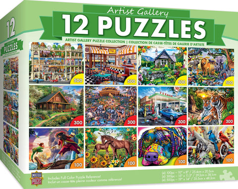MasterPieces 12 Pack Jigsaw Puzzles for Adults, Family, Or Kids - Artist Gallery 12-Pack Bundle - 500, 300, and 100 Piece Puzzles