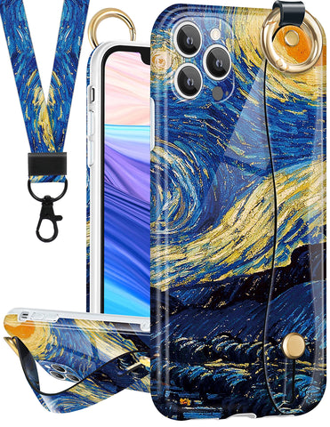 LISEVO (2in1 Case with Strap for iPhone 13 Pro Max 6.7 Inch Cute Aesthetic Night Design Girly Women Cases Hand Strap Girls Handle Phone Case+Lanyard for iPhone 13 Pro Max Blue