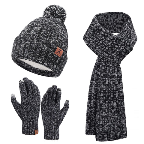Bequemer Laden Womens Winter Warm Beanie Hat Touchscreen Gloves Long Scarf Set Ribbed Knit with Fleece Lined Pom Skull Caps Gifts for Women Black White