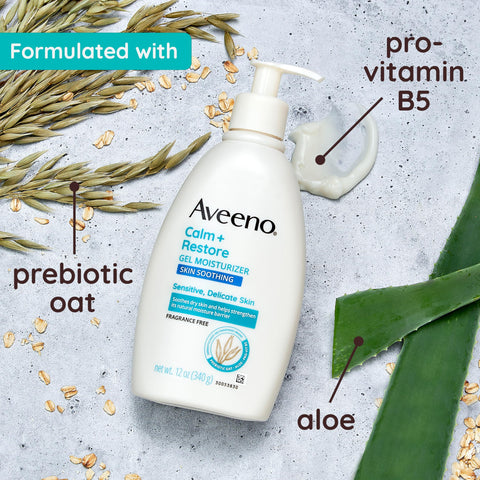 Aveeno Calm + Restore Gel Body Moisturizer for Sensitive, Delicate Skin, Lightweight Daily Dry Skin Healing Moisturizer with Prebiotic Oat, Aloe & Pro-Vitamin B5, Fragrance Free, 12 oz