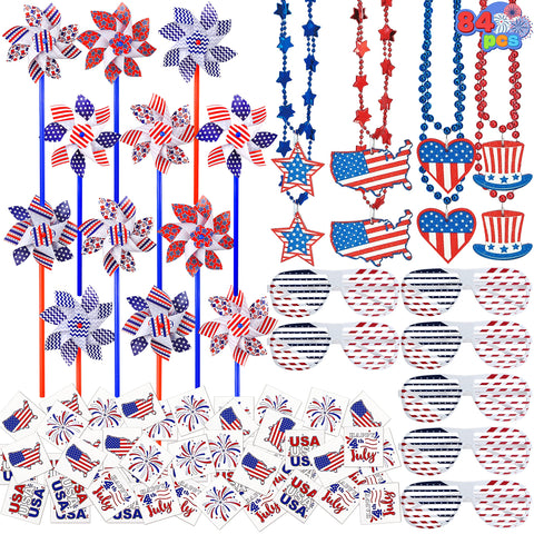 JOYIN 84 Pcs Patriotic Accessories of 12 Pinwheels, 12 Necklaces, 12 Shutter Shades Glasses and 48 Temporary Tattoos for 4th of July Celebration, Independence Day, Memorial Day Party Favor Decoration