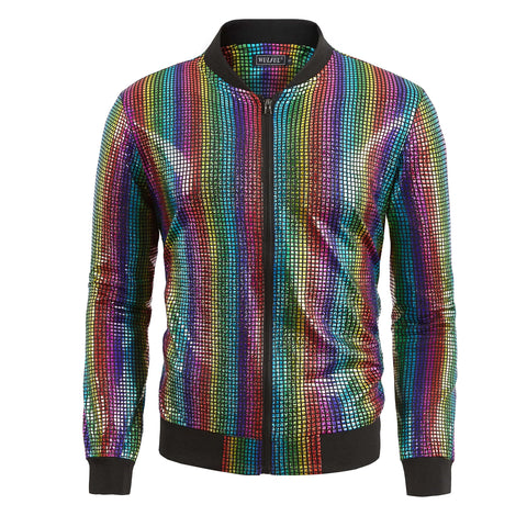WULFUL Men's 70s Disco Costume Party Sequin Metallic Varsity Bomber Jacket