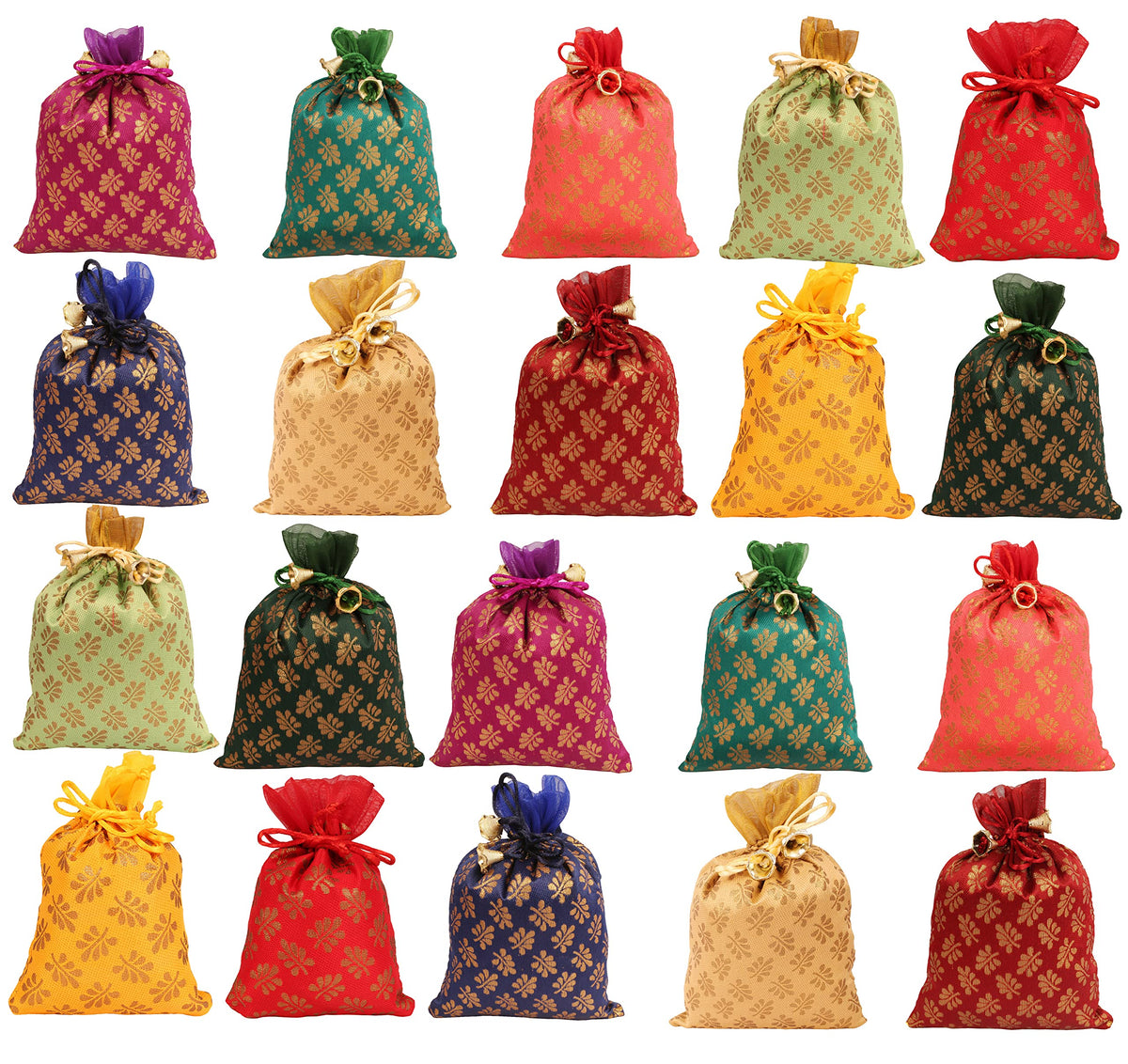 Touchstone Drawstring Bags Traditional Indian Handcrafted in Mimosa leaf Pattern Brocade fabric. Perfect for Gifts Jewelry Weddings Sweet Distribution Set of 20 Vibrant Multicolor Pouches Purses Potli