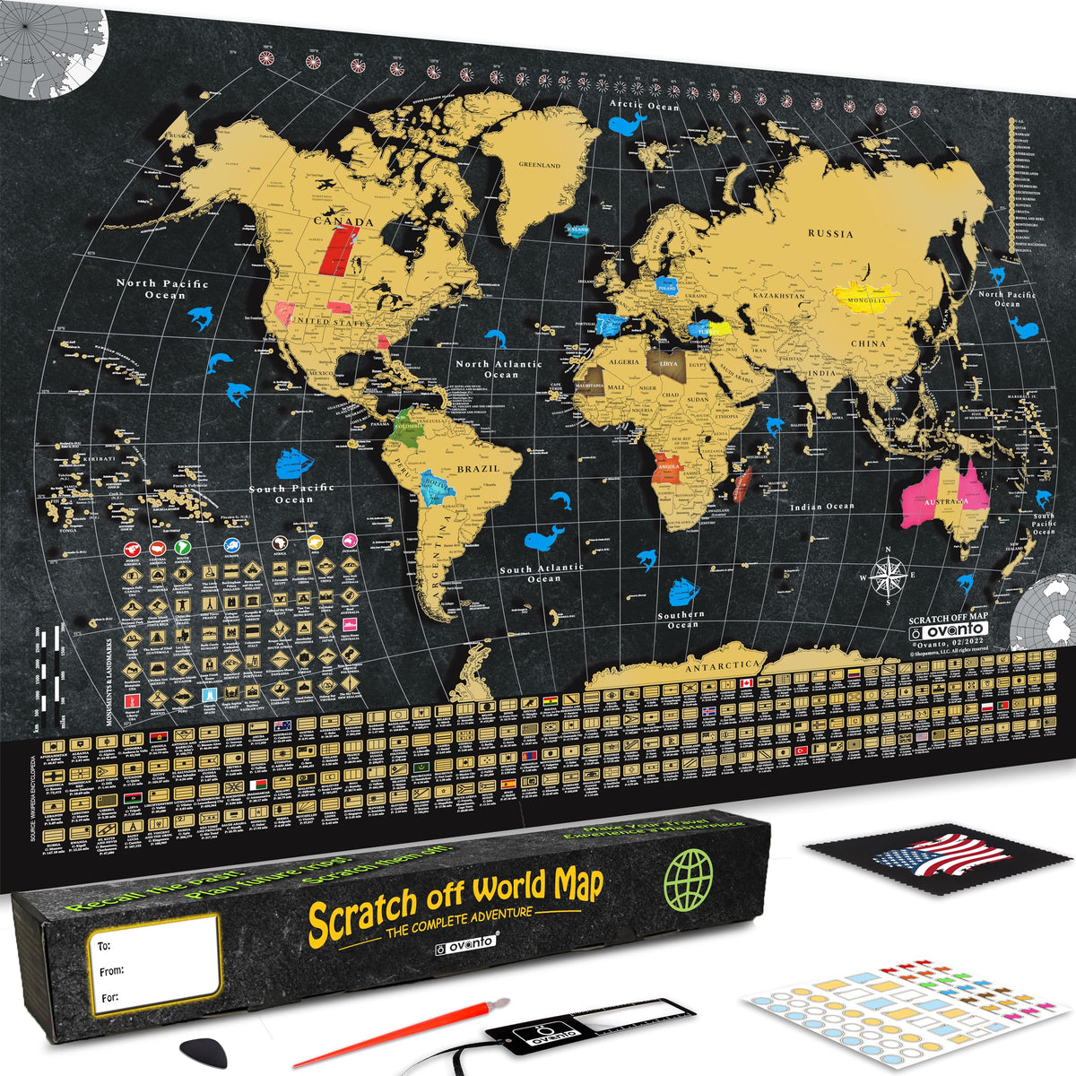 OVANTO Scratch Off World Map - 17x24 World Map Poster, The Only Travel Map with Super Easy Scratch Foil, Flags, Capitals, Population, Monuments, Landmarks, Time Zones. Extra Accessories in a Gift Box