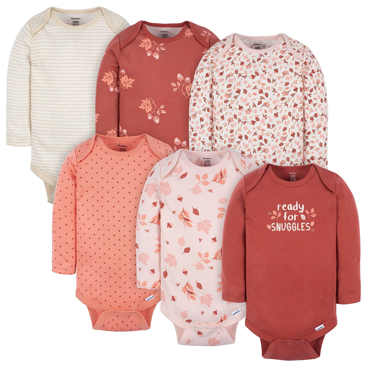 Gerber Baby Girl's 6-Pack Long-Sleeve Onesies Bodysuits, Leaves