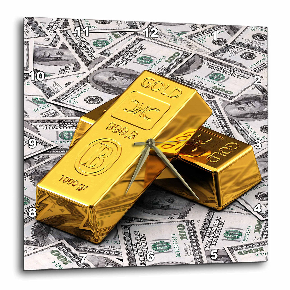 3dRose DPP_155096_3 Gold Bars Bar Bullion Cash Money Dollar Hundred Bill Bills Bank Note Banknote Finance Concept Wall Clock, 15 by 15-Inch