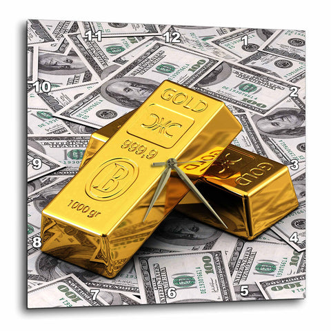 3dRose DPP_155096_3 Gold Bars Bar Bullion Cash Money Dollar Hundred Bill Bills Bank Note Banknote Finance Concept Wall Clock, 15 by 15-Inch