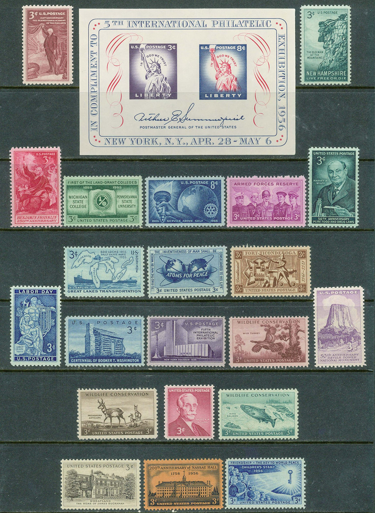 Complete set US Commemorative Stamps issued in 1955-1956 Mint, Never-hinged. Includes New Hampshire, Franklin, Armed Forces Reserves, Rotary, Fort Ticonderoga, Wildlife Conservation, Devils Tower ++