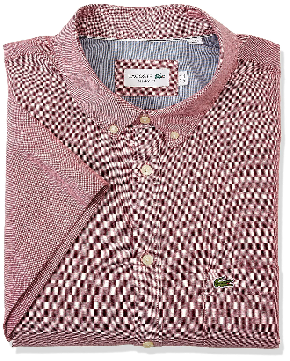 Lacoste mens Lacoste Men's Short Sleeve Oxford Solid Regular Fit button down shirts, Turkey Red/White, Medium US