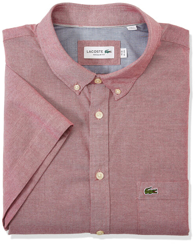 Lacoste mens Lacoste Men's Short Sleeve Oxford Solid Regular Fit button down shirts, Turkey Red/White, Medium US
