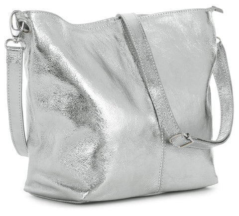 LiaTalia Womens Shoulder Bag - Soft Grained Leather Bag - Medium Size Hobo Handbag Purse Made with 100% Italian Leather - ADAL [Metallic - Silver]