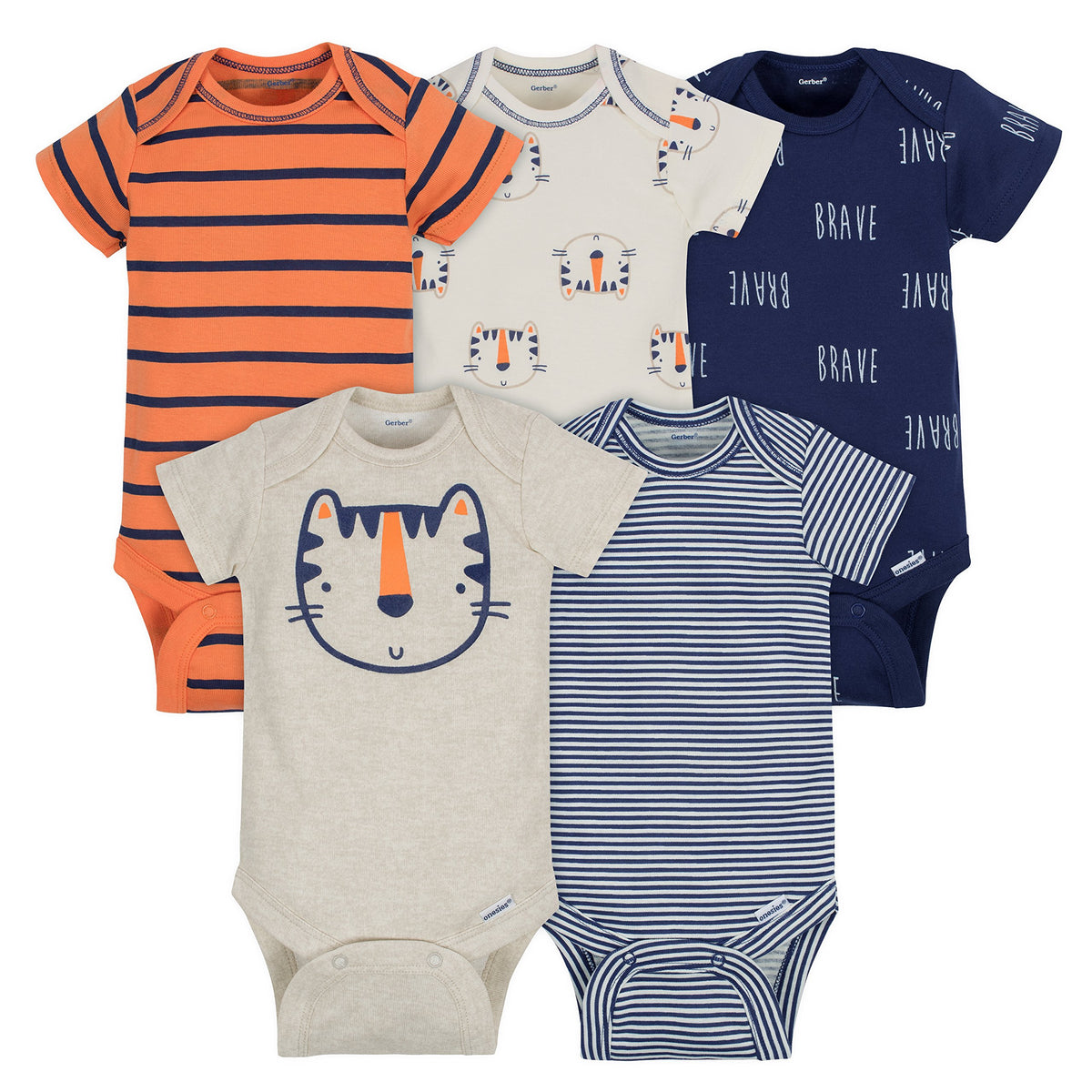 Gerber Baby 5 Pack Onesies, Tiger, 0-3