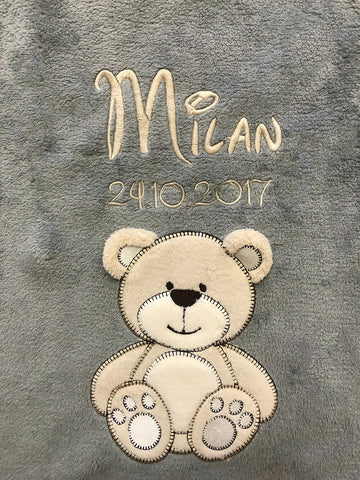 Warm, soft baby blanket embroidered with name and date of birth / 1A Quality (Anthracite - BEAR)