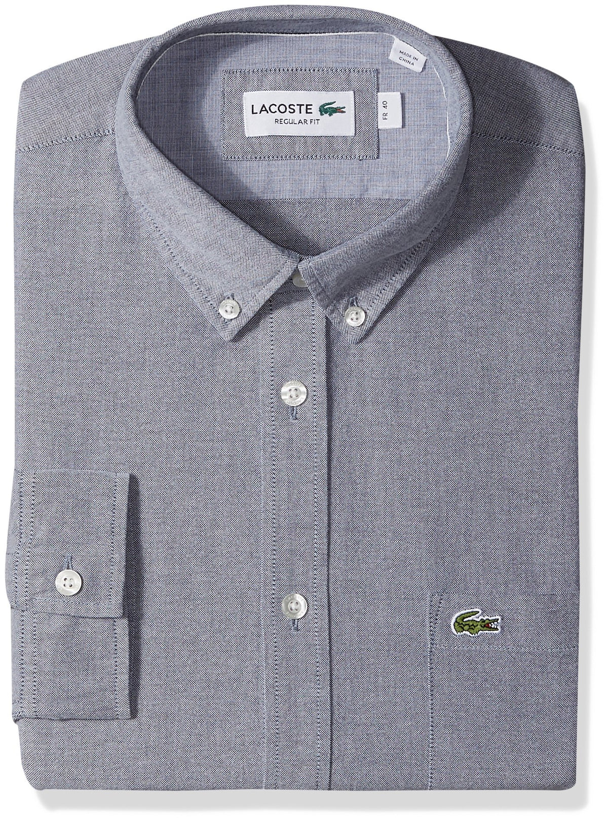 Lacoste Men's Long Sleeve Button Down with Pocket Oxford Solid Regular Fit, Navy Blue/White, X-Large
