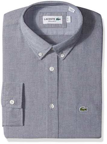 Lacoste Men's Long Sleeve Button Down with Pocket Oxford Solid Regular Fit, Navy Blue/White, X-Large
