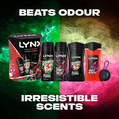 LYNX Recharge and Africa Bumper Pack Body Spray Gift Set Shower Tool, 2x Body Wash, 2x Deodorant perfect gifts for him 4 piece