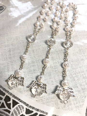 24 Pcs White Mini Rosary baptism Favors with Angels for Boy and Girl Recuerdos de Bautizo Finger Rosaries Silver Plated