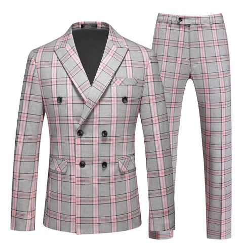 MOGU Mens Suit 2 Piece Double Breasted Tuxedo Slim Fit Blazer and Pants Plaid Suit for Prom Wedding Groomsmen US Size Blazer 42 with Pants 38 Pink Grey