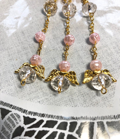 24 Pcs Pink/Gold Mini Rosary baptism Favors with Angels for Boy and Girl Recuerdos de Bautizo Finger Rosaries Gold Plated
