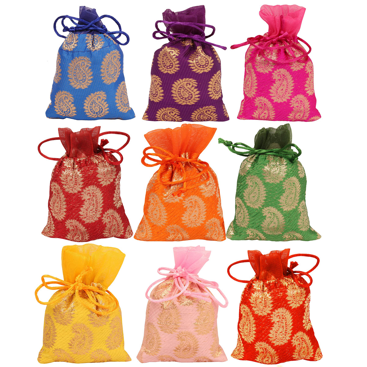 Touchstone Drawstring Bags Traditional Indian Handcrafted in Paisley Pattern Brocade fabric. Perfect for Gifts Jewelry Weddings Sweet Distribution Set of 9 Vibrant Multicolor Pouches Purses Potli