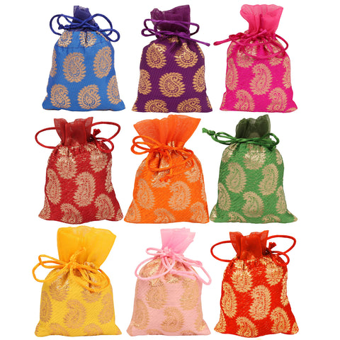 Touchstone Drawstring Bags Traditional Indian Handcrafted in Paisley Pattern Brocade fabric. Perfect for Gifts Jewelry Weddings Sweet Distribution Set of 9 Vibrant Multicolor Pouches Purses Potli