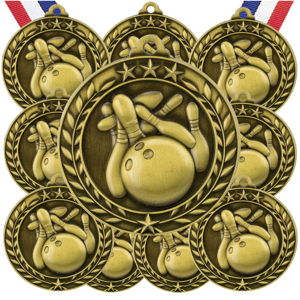 10 Pack Bowling Gold Medals Trophy Award with Neck Ribbons WAMG-906