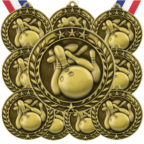 10 Pack Bowling Gold Medals Trophy Award with Neck Ribbons WAMG-906