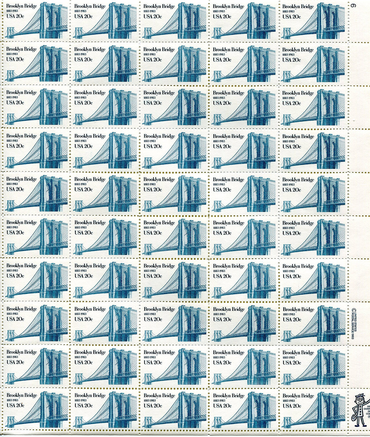 Scott 2041: Brooklyn Bridge - Sheet of Fifty 20c Stamps