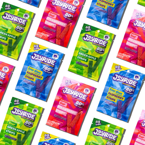 JOYRIDE sweets sour strips all natural candy launch pack four Flavors- pink lemonade , blue raspberry, strawberry, green apple