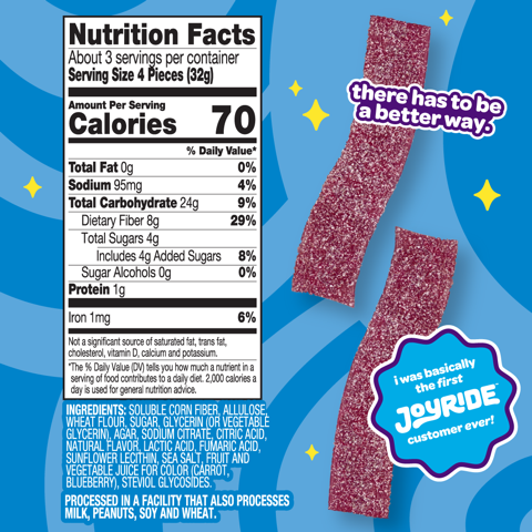 JOYRIDE sweets sour strips all natural candy launch pack four Flavors- pink lemonade , blue raspberry, strawberry, green apple