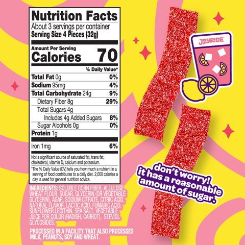 JOYRIDE sweets sour strips all natural candy launch pack four Flavors- pink lemonade , blue raspberry, strawberry, green apple