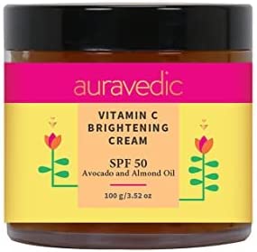 Auravedic vitamin c face cream for women men with Sunscreen SPF 50 sun cream day cream for women daily use with Almond oil Argan oil Avocado oil Jojoba oil dark spot removal cream sunblock skin bright