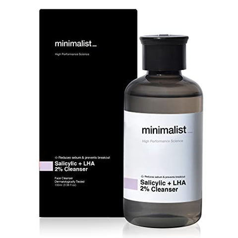 Minimalist 2% Salicylic Acid Face Cleanser for Oily, Acne Prone Skin | Anti Acne Face Wash With LHA & Zinc | Sulphate free Gentle BHA Liquid Exfoliant | For Women & Men | 3.4 Fl Oz / 100 ml
