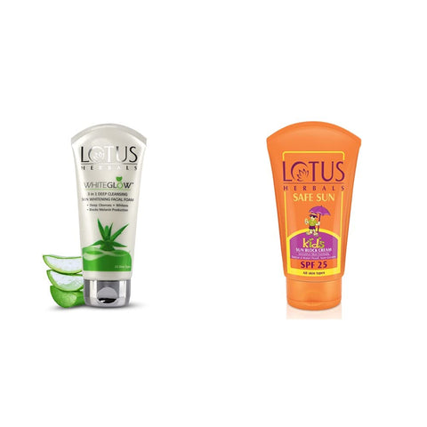 Lotus Herbals Whiteglow 3-In-1 Deep Cleansing Skin Whitening Facial Foam, 100g & Safe Sun Kids Sun Block Cream SPF 25, 100g