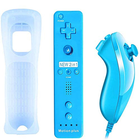 QUMOX Remote Game Control, Built-in Motion Plus Remote and Nunchuk Controller with Silicon Case for Wii and Wii U (Blue)