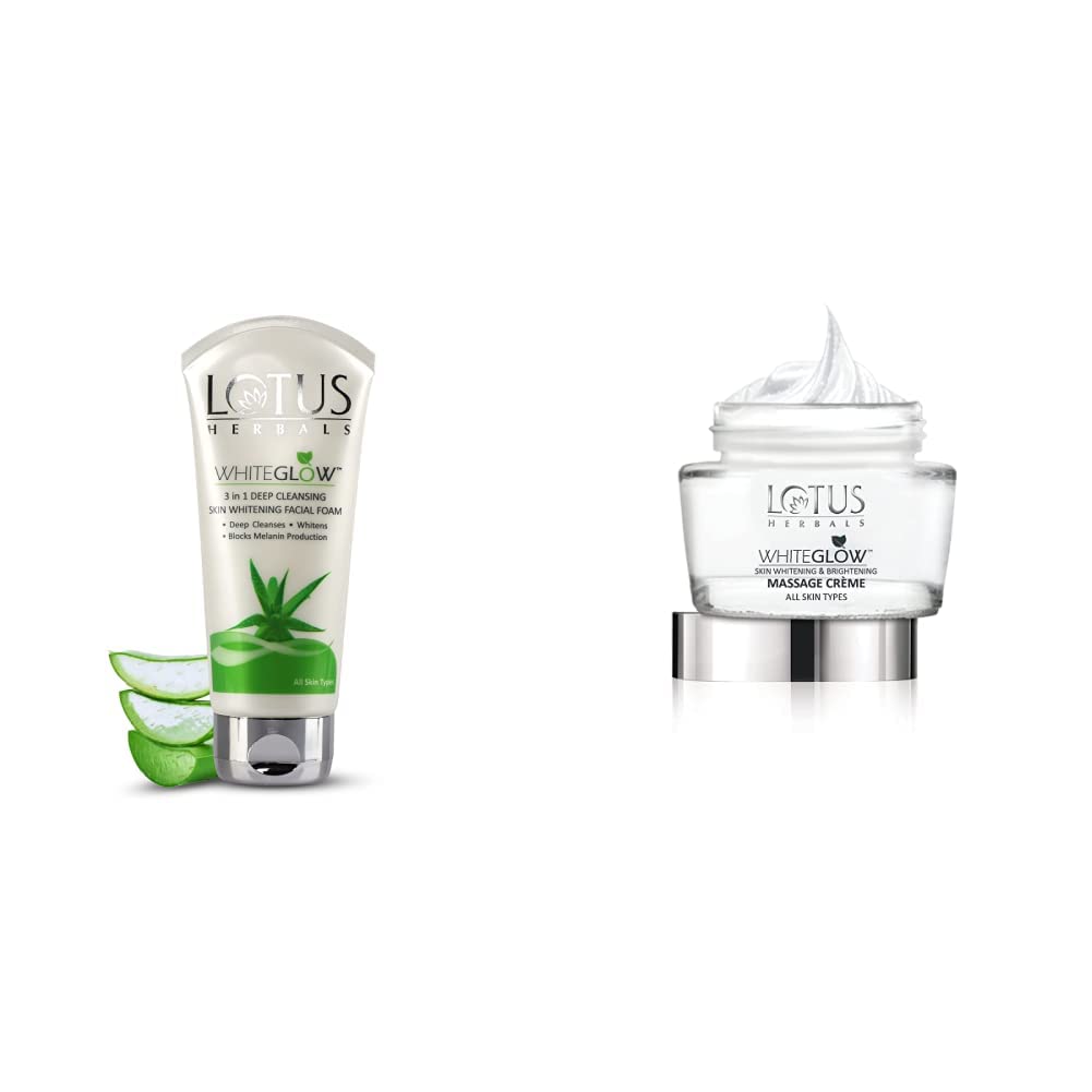 Lotus Herbals Whiteglow 3-In-1 Deep Cleansing Skin Whitening Facial Foam, 100g And Lotus Herbals Whiteglow Skin Whitening And Brightening Massage Creme, 60g