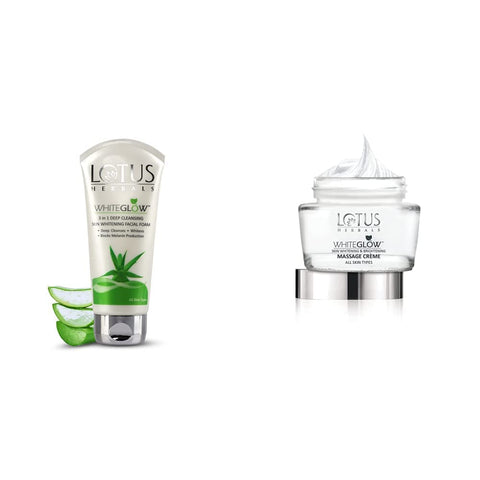 Lotus Herbals Whiteglow 3-In-1 Deep Cleansing Skin Whitening Facial Foam, 100g And Lotus Herbals Whiteglow Skin Whitening And Brightening Massage Creme, 60g