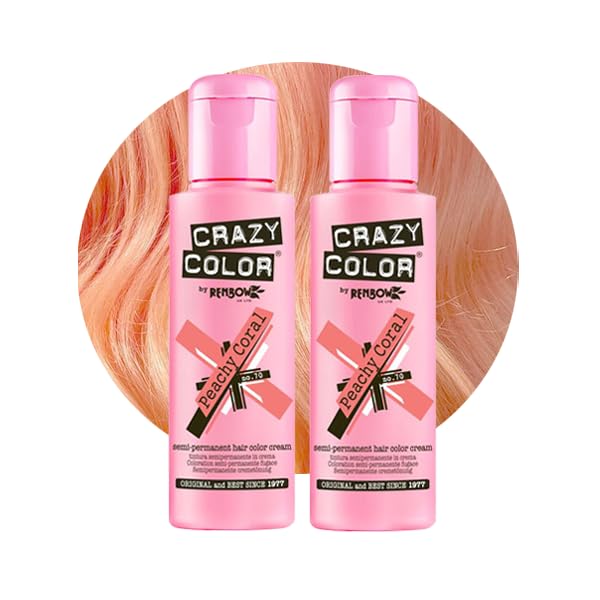 Crazy Color Vibrant Peachy Coral Semi-Permanent Duo Hair Dye. Highly Pigmented Pinky Peach Conditioning & Oil Nourishing Vegan Formula | No Bleach or Ammonia | 200ml