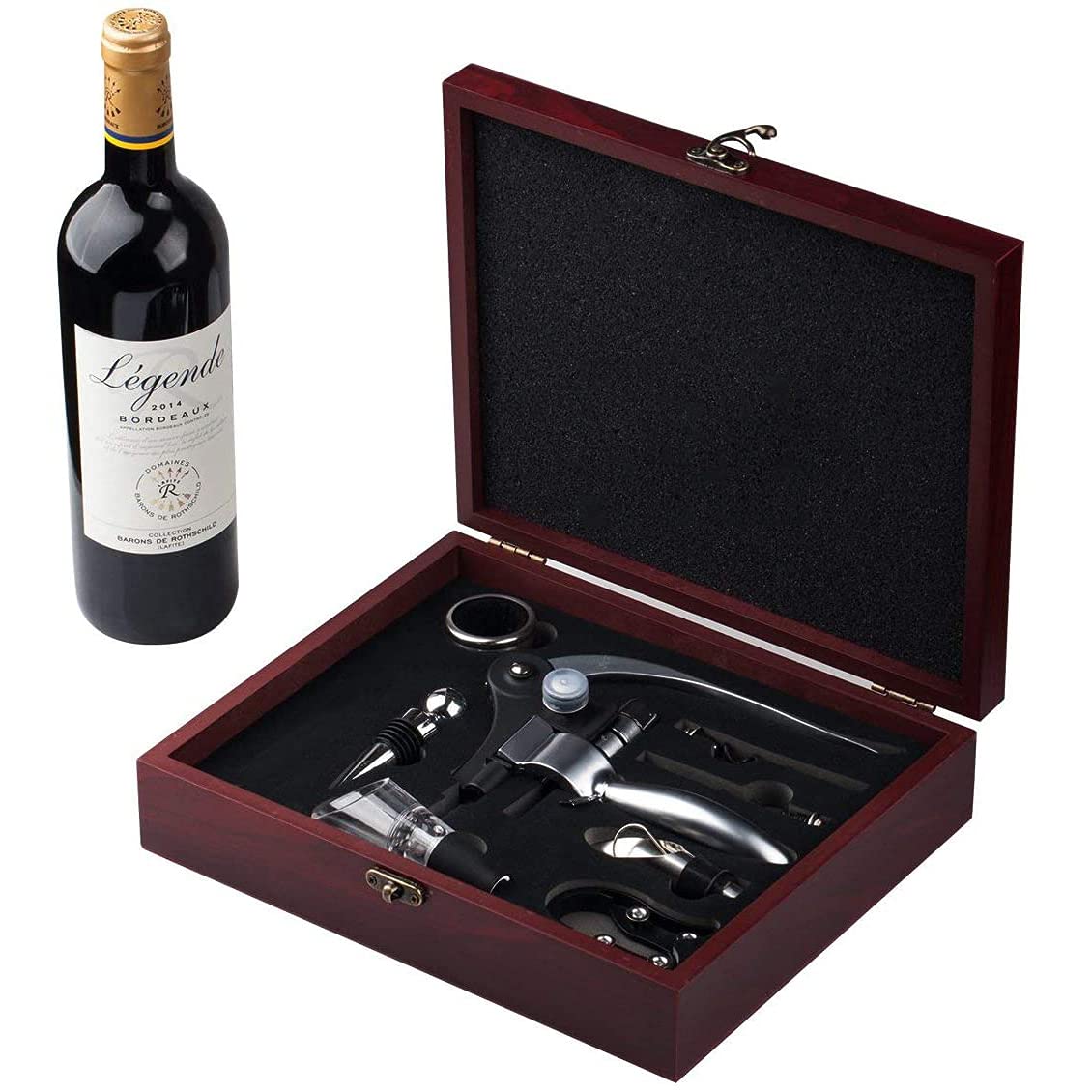 Cooko Corkscrew, Manual Wine Opener Kit with Aerator and Pourer, Zinc Alloy Handle Corkscrew, Deluxe Wine Opener Accessories with 9 Pieces, Elegant Design Set with Dark Cherry Wood Box