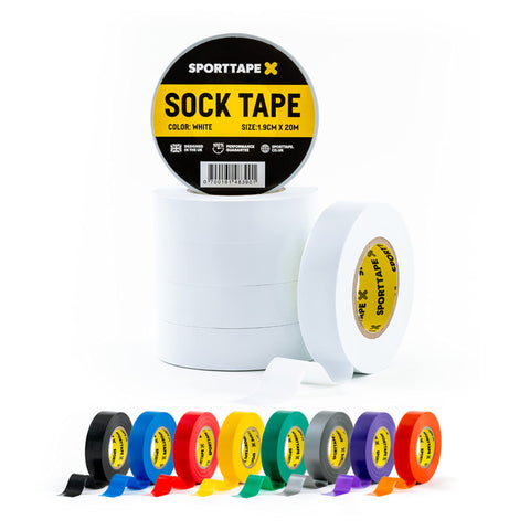 6 Rolls - SPORTTAPE Sock Tape - White - 1.9cm x 20m - PVC Football Soccer Rugby Boot Tape - Best for Keeping Up Socks and Securing Shin Pads, Shin Guard Tape