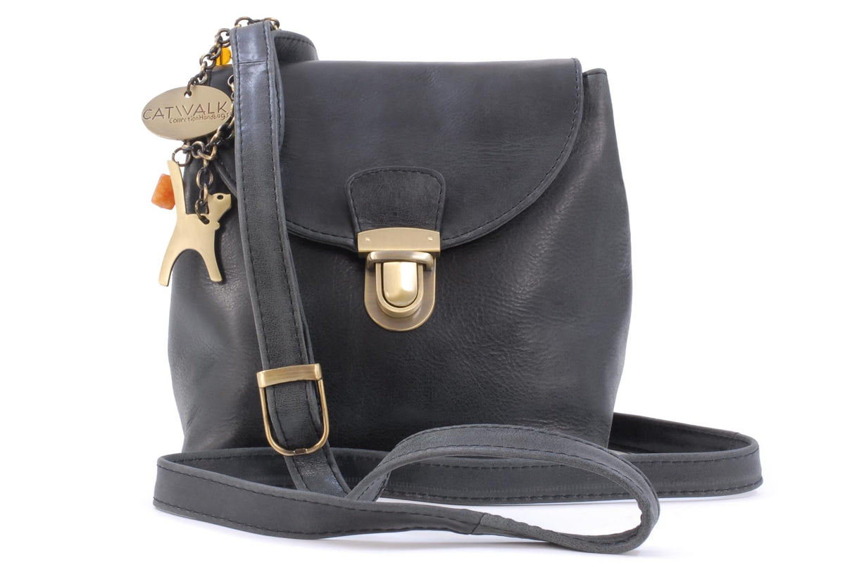 Catwalk Collection Handbags - Ladies Leather Cross Body Bag - Adjustable Shoulder Strap - FRANKIE - Black