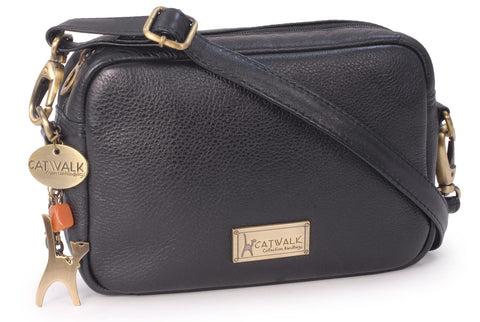 Catwalk Collection Handbags - Ladies Small Leather Cross Body Bag - Women's Messenger Bag - POLLY - Black