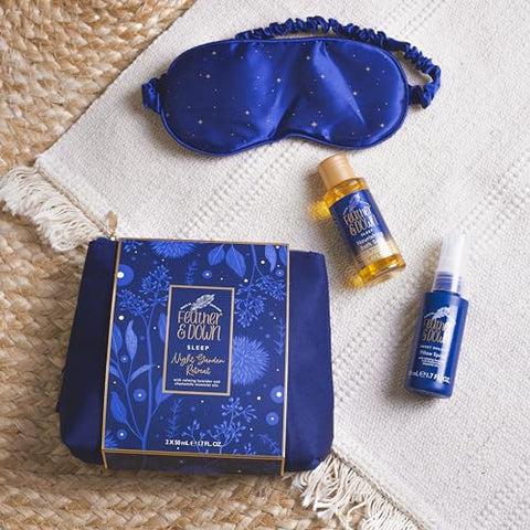 Feather and Down Night Garden Retreat Gift Set - Lavender and Chamomile Bubble Bath and Pillow Spray Bath Set with Eye Mask and Luxury Travel Pouch - Relaxing Gifts for Women, Vegan Friendly.