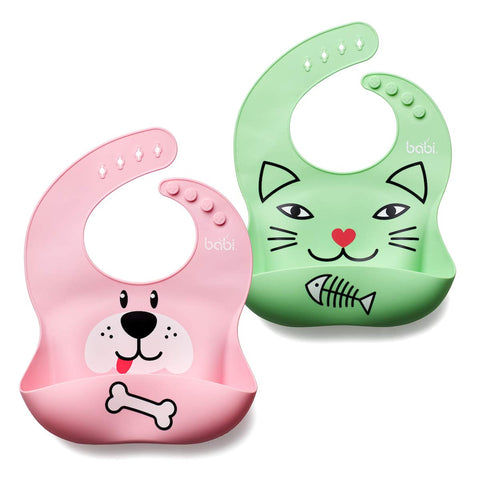 BABIÃƒâ€šÃ‚Â® 2 Pack Waterproof Easy Clean Feeding Bibs for Babies & Toddlers, made with 100% Soft Silicone, with Large Food Pouch, Stylish & Comfortable. (Pack of 2) (Pink/Green)